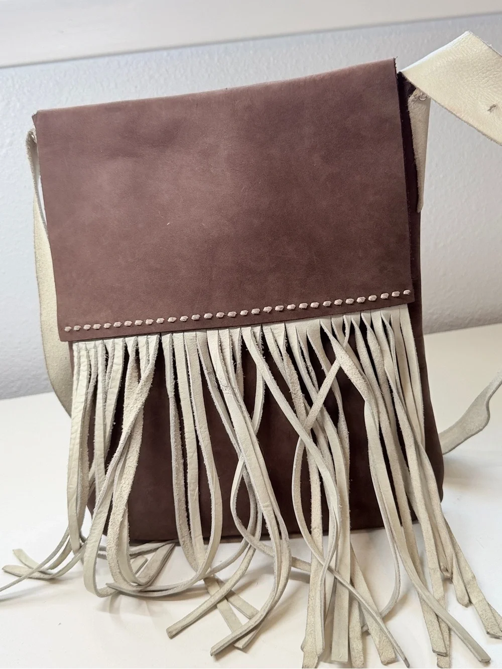 Handmade Leather Fringe Crossbody Bag Brown Cream Boho Western